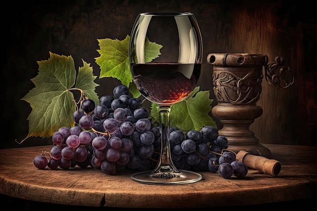Un bicchiere di vino con viti e uva e arredi in legno aggiungono un ambiente medievale Generato da AI