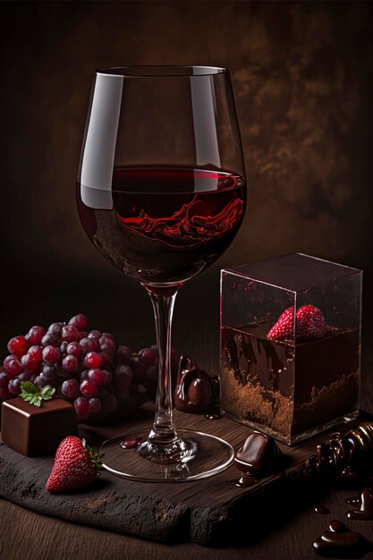 un bicchiere di vino e cioccolatini sull'immagine del giorno di San Valentino generata dall'AI