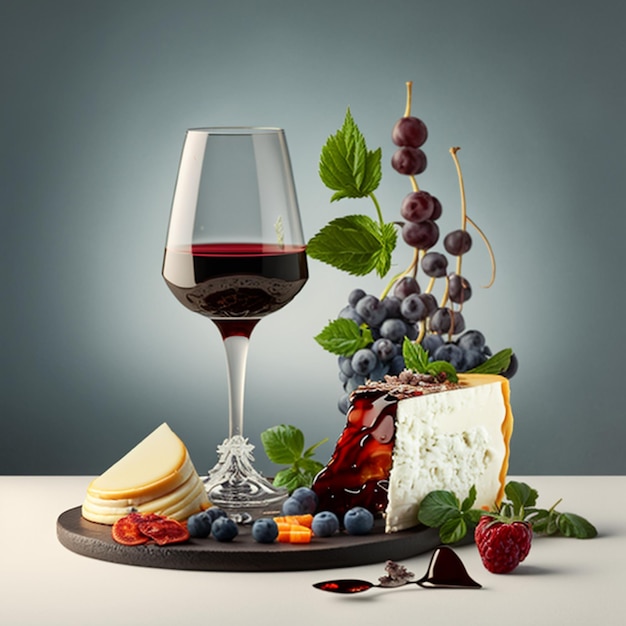Un bicchiere di vino e formaggio con un chicco d'uva sul fondo