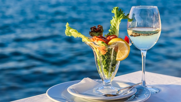 Un bicchiere di vino e un bicchiere di insalata su un tavolo in riva al mare