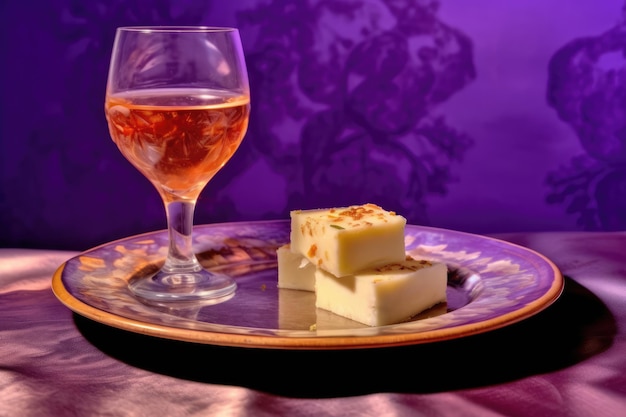 Un bicchiere di vino e una fetta di formaggio su un piatto