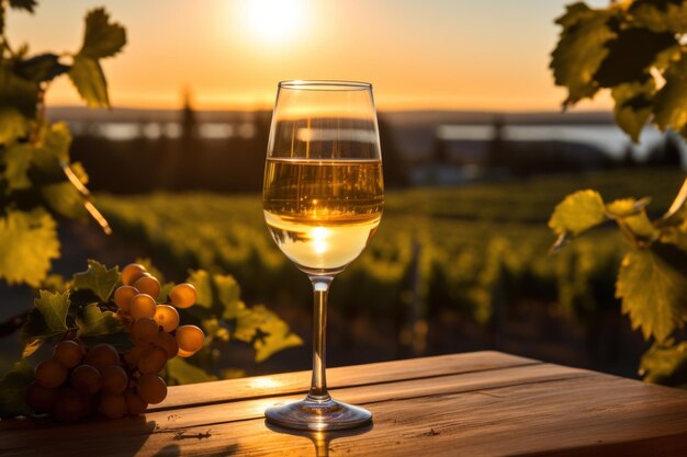 Un bicchiere di vino ghiacciato fresco con vista su una vigna canadese durante un tramonto estivo