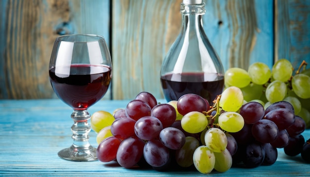 Un bicchiere di vino rosso accanto a un grappolo di uva