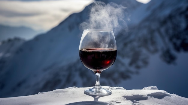 Un bicchiere di vino rosso caldo in primo piano, sullo sfondo delle cime innevate delle montagne. Generato dall'IA.