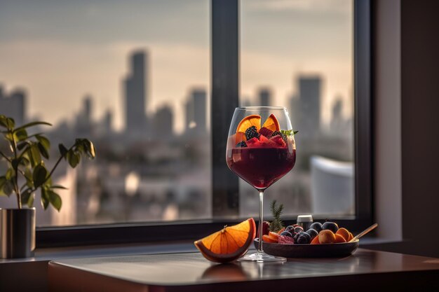 Un bicchiere di vino rosso e un piatto di frutta su un tavolo con un paesaggio urbano sullo sfondo