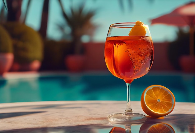 Un bicchiere di vino rosso sulla terrazza di una piscina al tramonto generativo ai