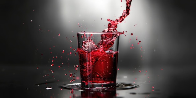 Un bicchiere di vino rosso viene versato in un bicchiere e il vino sputa fuori dal bicchiere