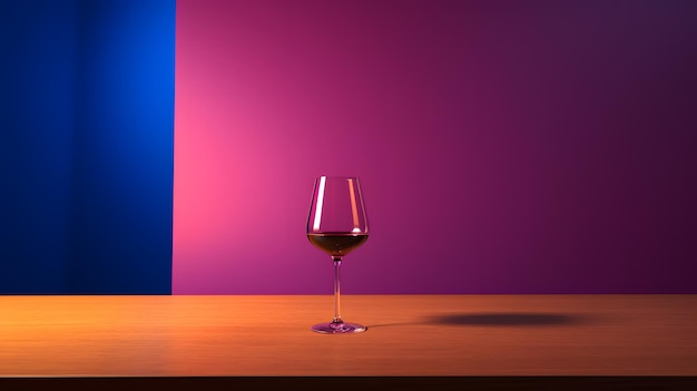 Un bicchiere di vino seduto su un tavolo con una parete viola