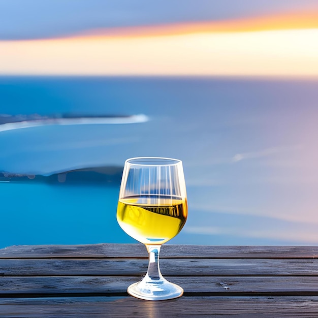 Un bicchiere di vino si trova su un tavolo di legno con vista sull'oceano.