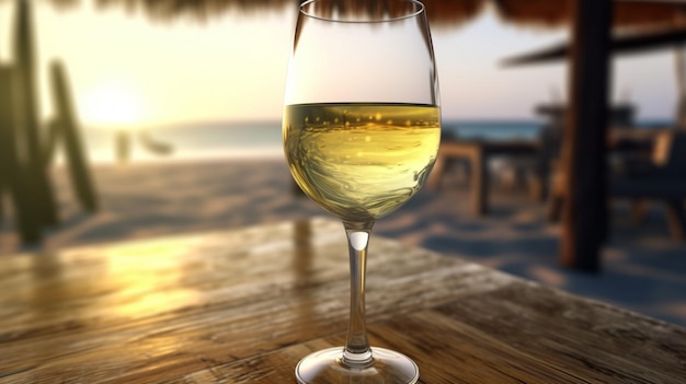 Un bicchiere di vino su un tavolo con una spiaggia sullo sfondo.