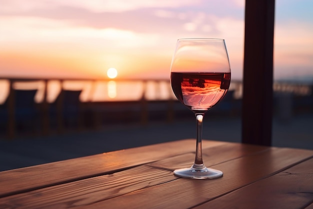 Un bicchiere di vino su un tavolo di legno in una terrazza