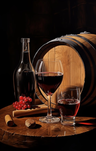 Un bicchiere di vino su una botte di rovere nella cantina da vino Degustazione di vino rosso ad alta risoluzione