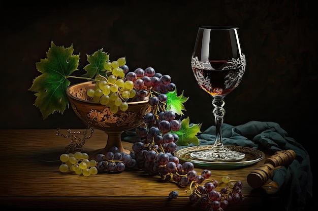 Un bicchiere di vino sullo sfondo di un calice con mobili in legno d'uva aggiunge un entourage medievale Generato da AI