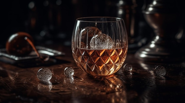 Un bicchiere di whisky con cubetti di ghiaccio su un tavolo