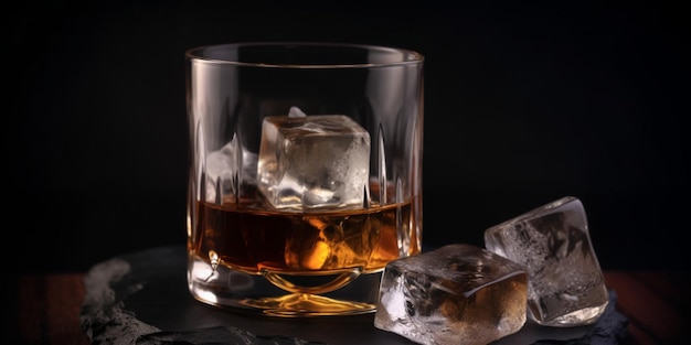 Un bicchiere di whisky con ghiaccio sul fondo e un bicchiere di whisky sul fondo.