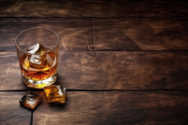 Un bicchiere di whisky con il ghiaccio su uno sfondo di legno
