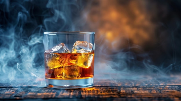 Un bicchiere di whisky con il ghiaccio sul tavolo