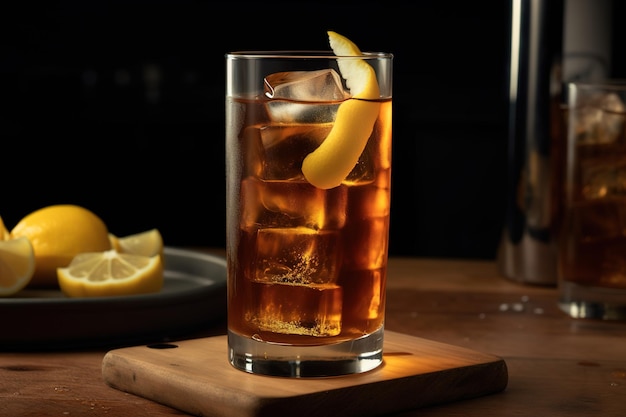 Un bicchiere di whisky con limoni su un tavolo di legno.