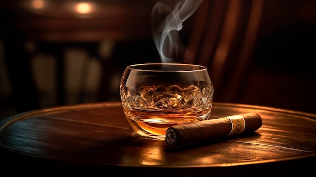 Un bicchiere di whisky con sigaro cubano su un tavolo di legno per la festa del papà