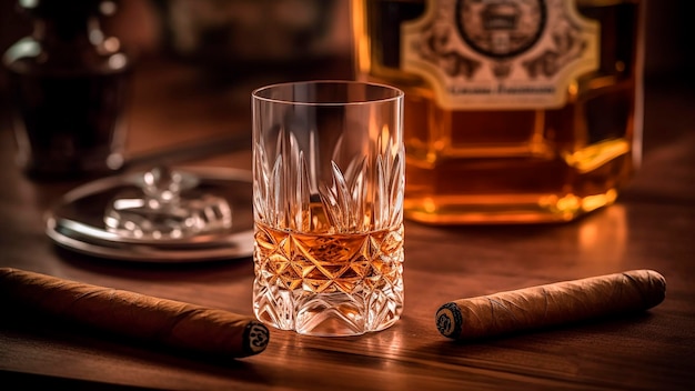 Un bicchiere di whisky con sigaro cubano su un tavolo di legno per la festa del papà