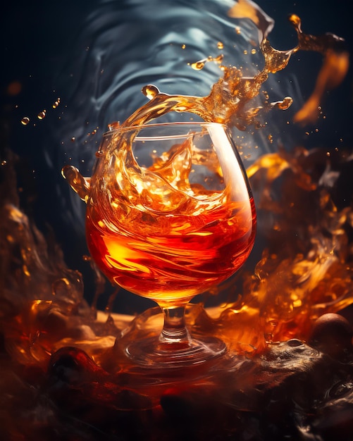 Un bicchiere di whisky con spruzzi di liquido arancione su uno sfondo nero