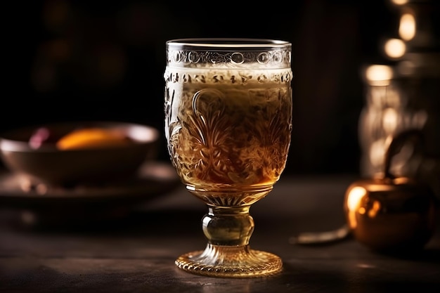 Un bicchiere di whisky con un bordo d'oro si trova su un tavolo con una coppa d'oro davanti.