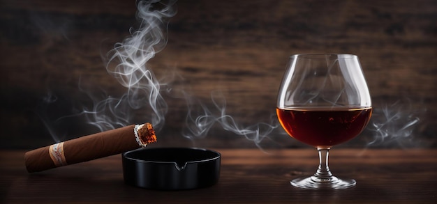 Un bicchiere di whisky con un sigaro fumante e un posacenere su uno sfondo di legno IA generativa