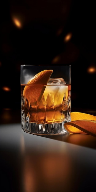 un bicchiere di whisky con una fetta di limone sopra.