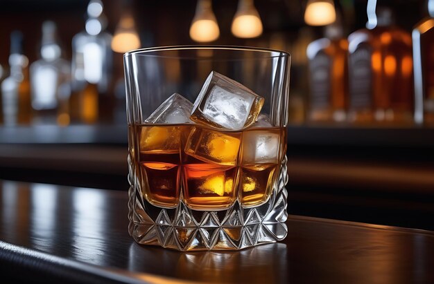 Un bicchiere di whisky e ghiaccio sul bancone del bar C'è uno scaffale di bottiglie sullo sfondo