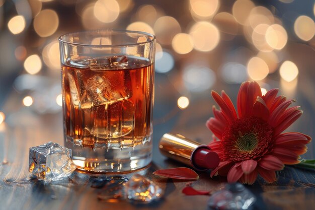 Un bicchiere di whisky è sul tavolo fiore e rossetto sullo sfondo sfocato