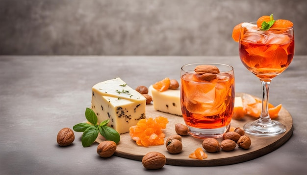 un bicchiere di whisky e un po' di formaggio e delle noci.