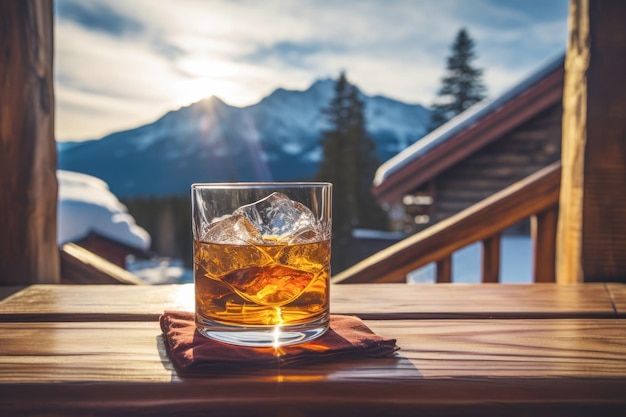 Un bicchiere di whisky servito con ghiaccio offre una bevanda alcolica fredda e rinfrescante spesso apprezzata durante l'inverno in uno chalet di montagna