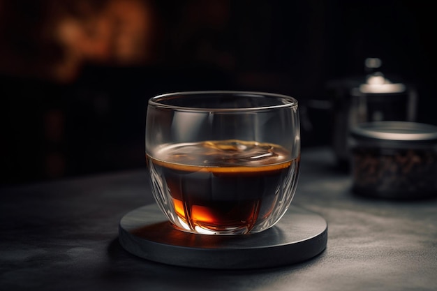 Un bicchiere di whisky si trova su un tavolo con un caminetto sullo sfondo.