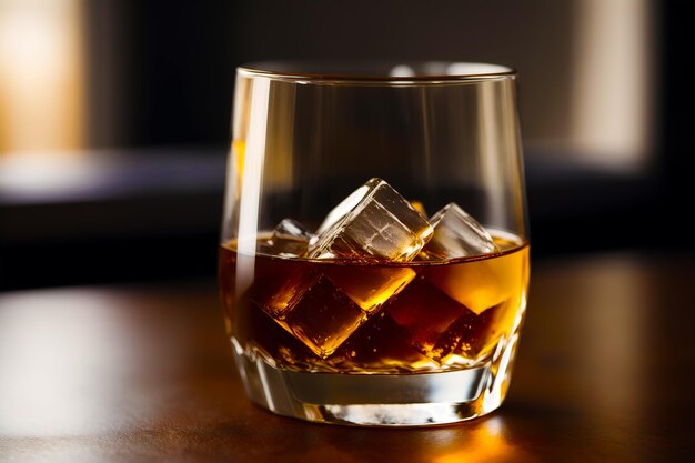Un bicchiere di whisky su un tavolo con cubetti di ghiaccio