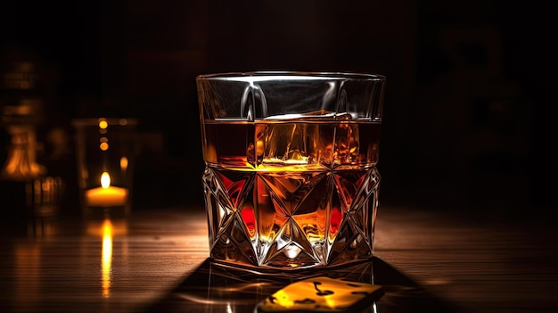 Un bicchiere di whisky su un tavolo con uno sfondo scuro