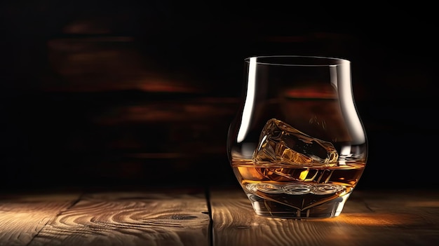 Un bicchiere di whisky su un tavolo di legno con uno sfondo scuro