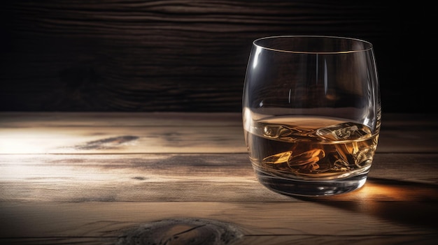 Un bicchiere di whisky su un tavolo di legno