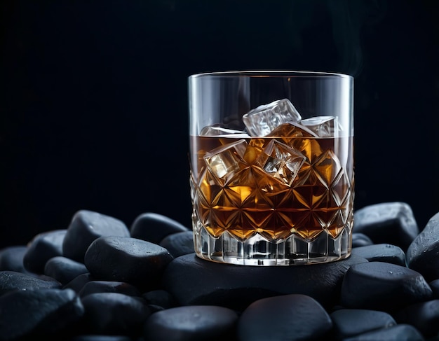 Un bicchiere di whisky su uno sfondo nero.