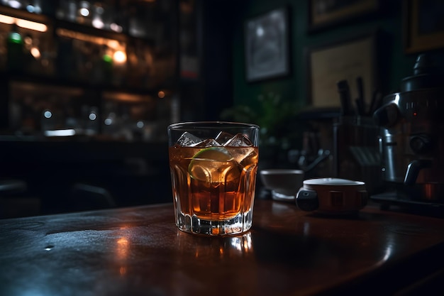 Un bicchiere di whisky sul bancone di un bar con un lime sul lato.