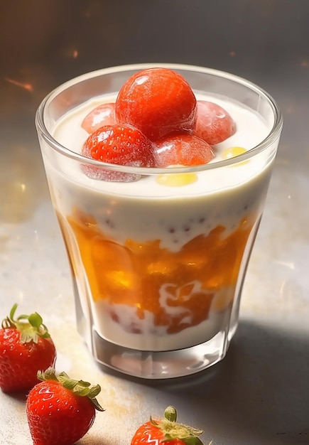 Un bicchiere di yogurt alla fragola con fragole sul lato