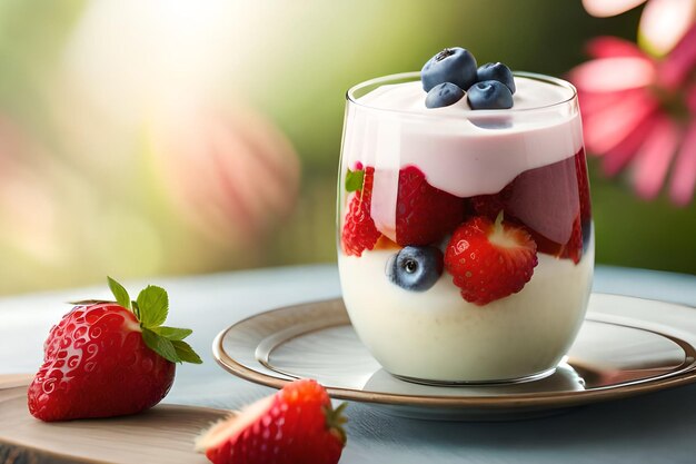 Un bicchiere di yogurt con sopra dei mirtilli