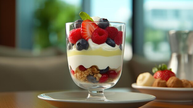 Un bicchiere di yogurt con sopra della frutta