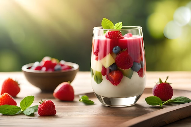 Un bicchiere di yogurt con sopra della frutta