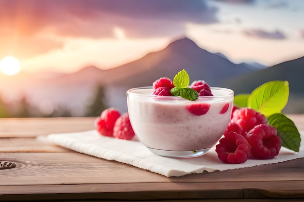 un bicchiere di yogurt si trova su un tavolo con una montagna sullo sfondo.