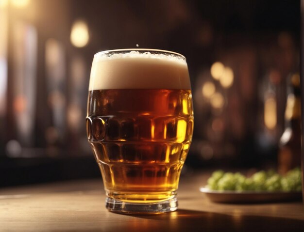 Un bicchiere freddo di birra su un tavolo di legno in un bar