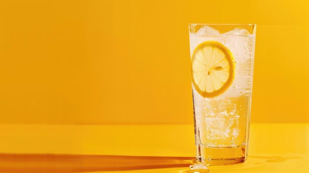 Un bicchiere freddo di limonata con una fetta di limone su uno sfondo giallo