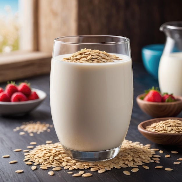 Un bicchiere pieno di latte sano coperto da uno strato di avena nutriente che crea un salutare