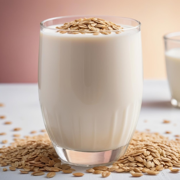 Un bicchiere pieno di latte sano coperto da uno strato di avena nutriente che crea un salutare