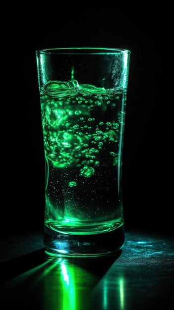Un bicchiere pieno di liquido seduto sopra un tavolo IA generativa