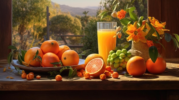 un bicchiere pieno di succo d'arancia appena spremuto posto in mezzo a una selezione di frutta fresca matura su un tavolo di legno rustico la calda illuminazione naturale enfatizza la freschezza e la vitalità della scena